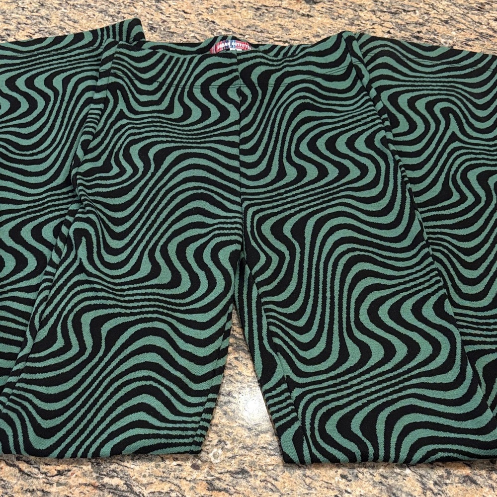 Urban Outfitters Green & Black Wave Print Flare Pants | Stretchy Retro | Small